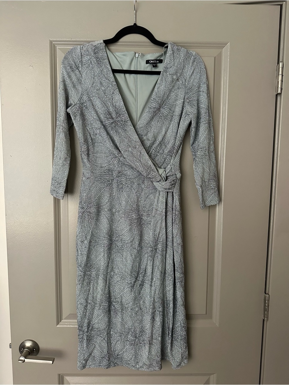Light Teal/Silver Wrap Midi Dress